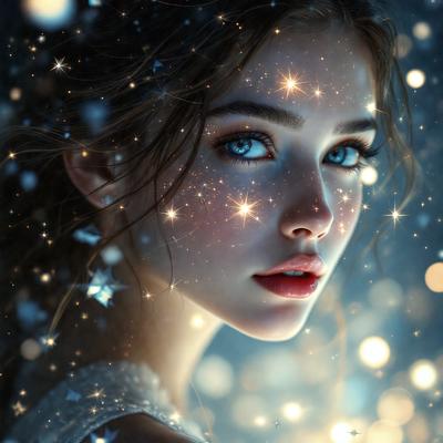 The primary subject of the image is a woman with blue eyes, who is the main focus of the scene. She is surrounded by a beautiful and serene environment, with a blue background and a starry night sky. The visual style of the image is a digital art or illustration, which adds to the overall atmosphere of the scene. The woman's eyes are the main point of interest, and the colors of the image are predominantly blue, creating a calm and peaceful mood.